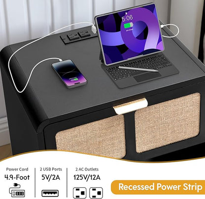 LEVNARY Nightstand with Charging Station, Mid-Century Modern Bedside Table with Curved Top Corners and Fabric-Like Textured Drawer, Wooden End Table for Farmhouse Bedroom Living Room (1, Black)