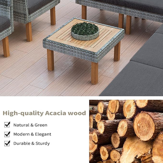 Merax Outdoor Patio Furniture Sets, Free Combination Wicker Sofa, 9-Piece, Rattan w/Wood Tabletop & Legs, Beige