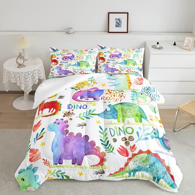CVHOUSE Dinosaur Bedding Set,Dinosaur Comforter,Dinosaur Comforter Set Queen,Microfiber Quilt Set with 1 Comforter and 2 Pillow Cases- 3 Piece
