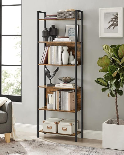 VASAGLE 6-Tier Bookshelf, Book Shelf, Industrial Bookcase, with Steel Frame, for Living Room, Home Office, Bedroom, 9.4 x 23.6 x 73.2 Inches, Rustic Brown and Black ULLS113B01