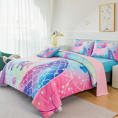 RYNGHIPY Mermaid Twin Girls Bedding Set, Colorful Rainbow Kids Girls Comforter Set with Sheets Soft and Lightweight, 6 Pieces Teen Girls Bed in a Bag