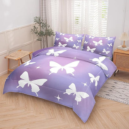 Tailor Shop Butterfly Comforter Sets King Size,Purple Butterfly Bedding Sets for Girls Kids Teens with 2 Pillowcase…