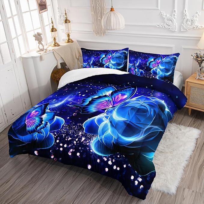 Galaxy Butterfly Comforter Set Twin Size for Girls Kids Adults Butterfly Rose Bedding Set Aesthetics Butterflies Quilt Bed Set with 1 Comforter and 2 Pillowcases