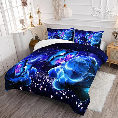 Galaxy Butterfly Comforter Set Full Size for Girls Kids Adults Butterfly Rose Bedding Set Aesthetics Butterflies Quilt Bed Set with 1 Comforter and 2 Pillowcases
