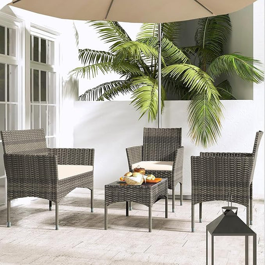 Patio Furniture, 4 Piece Conversation Set, Outdoor Wicker Rattan Table and Chairs, Sectional Sofa with Thick Cushion for Garden, Yard, or Porch, Brown