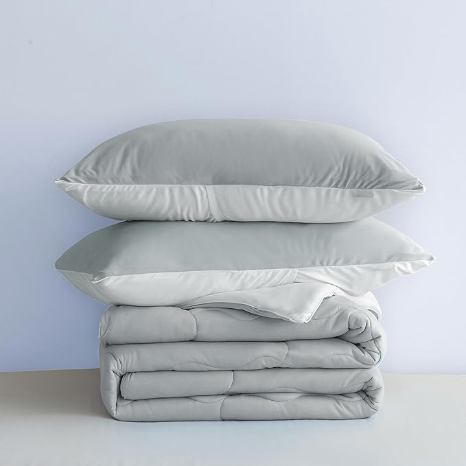 COTTEBED Ultra-Soft Reversible Comforter Set Twin Sized, Jersey Knit T-Shirt Feel Lightweight Cozy Bedding Blanket Quilt for Boy Kids Girl School College Dorm All Season(Twin/TwinXL Light Grey White)