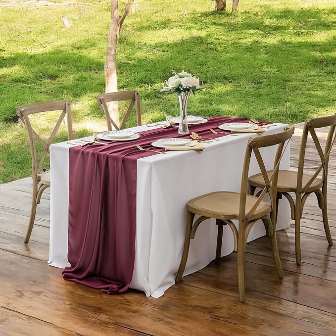 Pack of 2 | Burgundy | 14ft Chiffon Table Runner 29x170 Inches Long Romantic Rustic Sheer Gauze Runner for Wedding Bridal Shower Birthday Banquets Engagement Spring Easter Boho Decorations