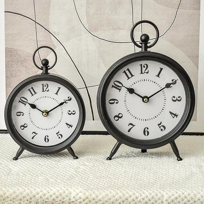 Vintage Non-Ticking Black Table Clock with Stand, Decorative Clock for Desk and Shelf, Rustic Farmhouse Style Mantel Timepiece