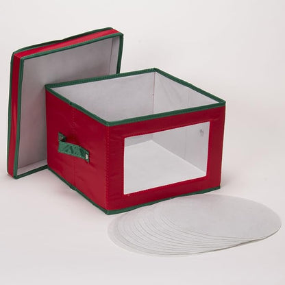Household Essentials 536RED Holiday China Storage Chest with Lid and Handles | Dinner Plate | Red Canvas with Green Trim