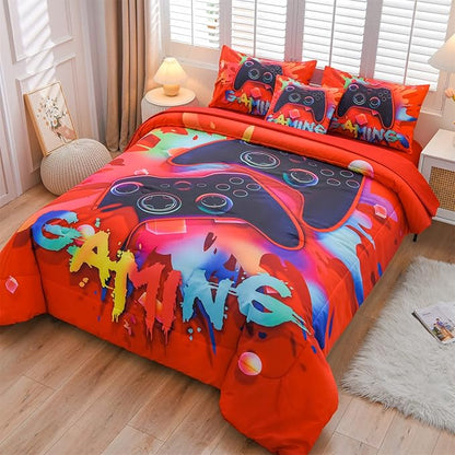 Aimuan Gaming Comforter Sets for Boys Kids Bedding Sets Video Games Console Action Buttons Novelty Colorful Game Gamepad Controller Modern Gamer Room Decor Home Quilt Set (Twin 6 Pcs, Red)