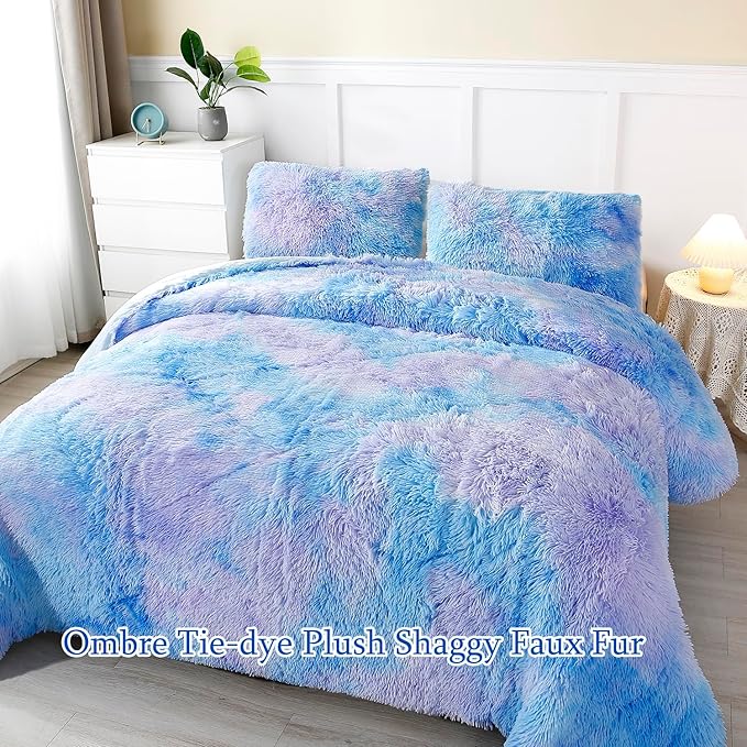 WINLIFE Shaggy Bedding Comforter Set Faux Fur Flannel Furry Comforter Microfiber Plush Comforter Sets Pastel Gradient Ombre Tie Dye MultiColor Bedding for Girls Adults (3Pcs, Twin, Purple Blue)