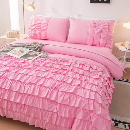 Teen Girls Pink Princess Dress Comforter Set Queen Size, 5 Pcs Bed in a Bag Girls Queen, Girls Pink Ruffled Bedding Set, Teen Bedding Sets for Girls Kids with Sheets