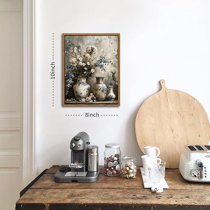 Floating Framed Farmhouse Floral Canvas Wall Art, Vintage Blue and White Flower Pictures Wall Decor, Elegant Art Jar Posters Print for Living Room Bedroom Bathroom Rustic Decor 8x10 inch