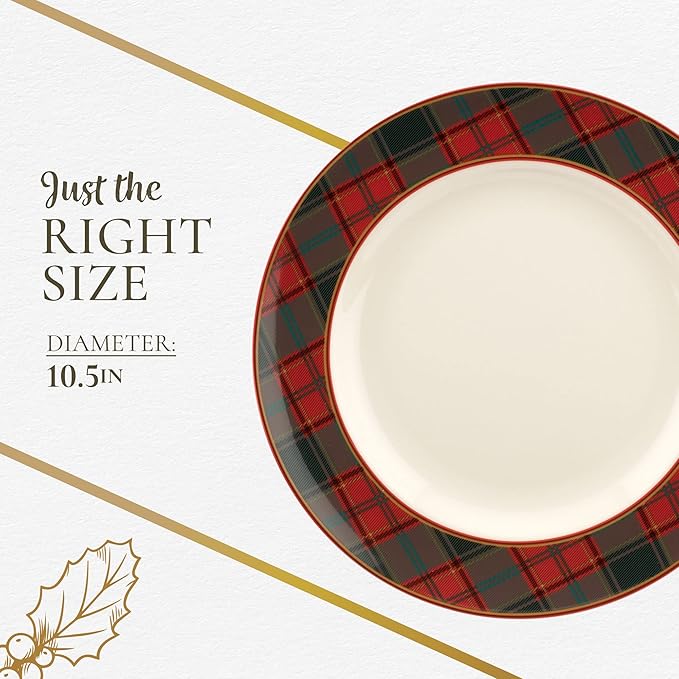 Spode Christmas Tree Tartan Dinner Plate, 10.5-Inch Festive Holiday Tableware, Colorful Christmas Dishes with Tartan Plaid Border, Fine Earthenware, Microwave & Dishwasher Safe Decorative Plate