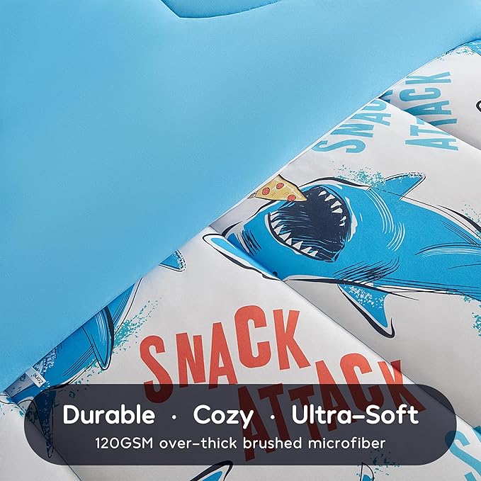SLEEP ZONE Jersey Knit 3-Piece Full/Queen Size Comforter Set, Lightweight Kids Bedding Sets for All Seasons, Fluffy Soft, Easy Care (Sharks, Full/Queen)