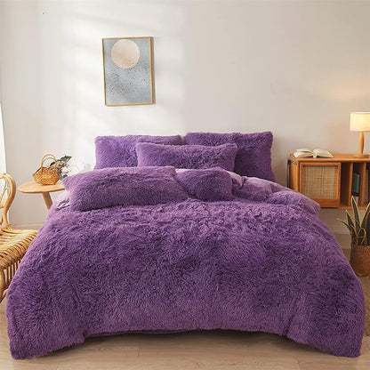 FOPPA Dark Purple fluffy Comforter Cover Set king- Ultra Soft fluffy Purple Bedding Sets 3 Pieces (1 Duvet Cover + 2 Pillow case) pink fluffy bed set (Dark Purple, King)