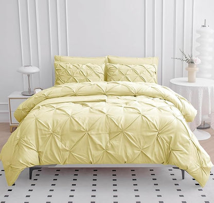 LANE LINEN Queen Comforter Set – 7 Piece Bed in a Bag – Pinch Pleated Queen Size Bedding Set with Comforter, Flat Sheet, Fitted Sheet, 2 Pillowcases & 2 Shams – Soft Pintuck Bed Set – Vanilla