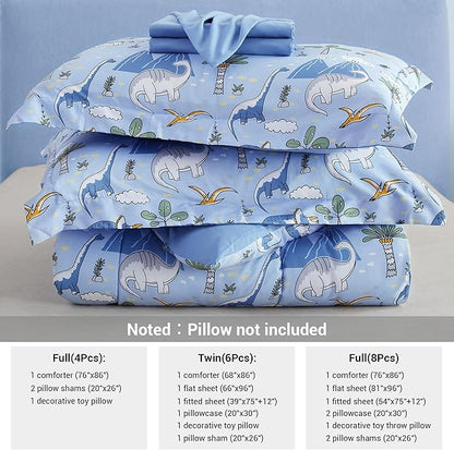 Mooreeke Kids Comforter Bed Set Twin Size for Boys, 6 Pieces Bed in a Bag with Shams, Sheet Set and 1 Decorative Toy Throw Pillow, Dinosaur Blue Super Twin Soft Microfiber Kids Comforter Bedding Set