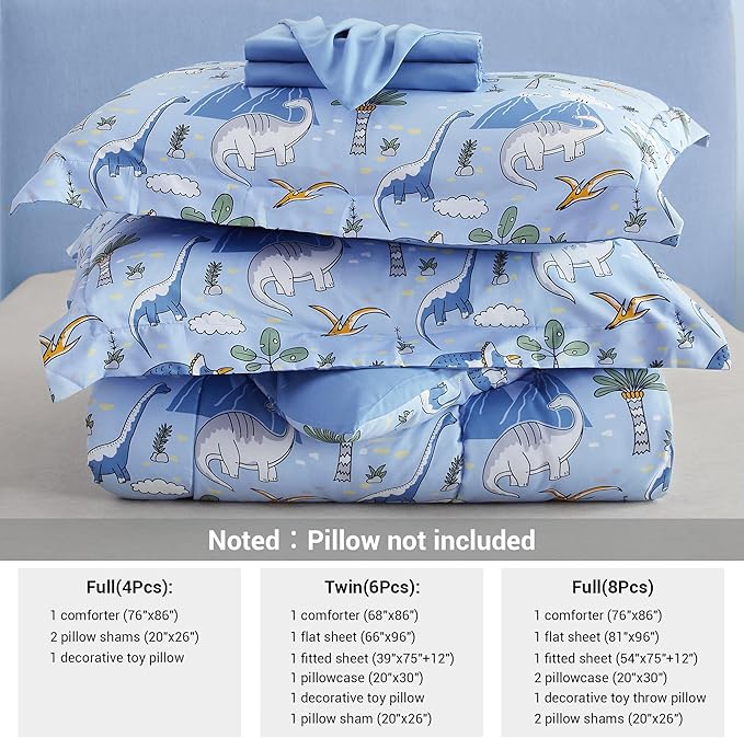 Mooreeke Kids Comforter Bed Set Full Size for Boys, 8 Pieces Bed in a Bag with Shams, Sheet Set and 1 Decorative Toy Throw Pillow, Dinosaur Blue Super Full Soft Microfiber Kids Comforter Bedding Set