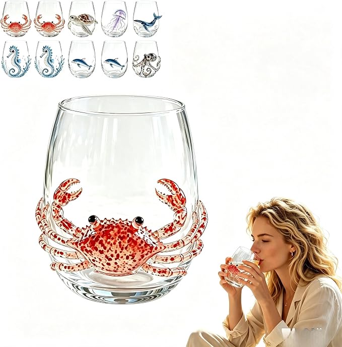 Novelty 3D Sculpted Ocean Life Stemless Wine Glasses, 12oz Embossed Sea Animal Glassware for Beverages, Premium Borosilicate Glass Beach Gifts (crab)