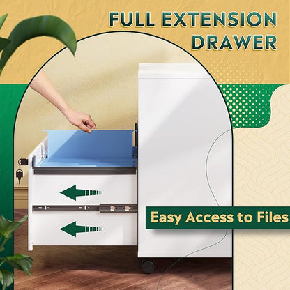 DEVAISE Office File Cabinet with Lock, 1-Drawer Wood Lateral Filing Cabinet on Wheels, Printer Stand with Open Storage Shelves for Home Office, White