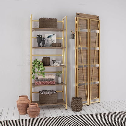 No-Assembly Folding Gold Bookshelf Storage Shelves 5 Tiers Vintage Multifunctional Plant Flower Stand Storage Rack Shelves Bookcase for Home Office