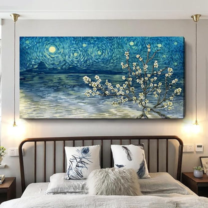 amatop Extra Large Wall Art Floral Tree Canvas Print for Living Room Bedroom Office– Oversized Plum Blossom Lake Landscape Picture Modern Blue Teal Nature Artwork Decor 58x29 Inch