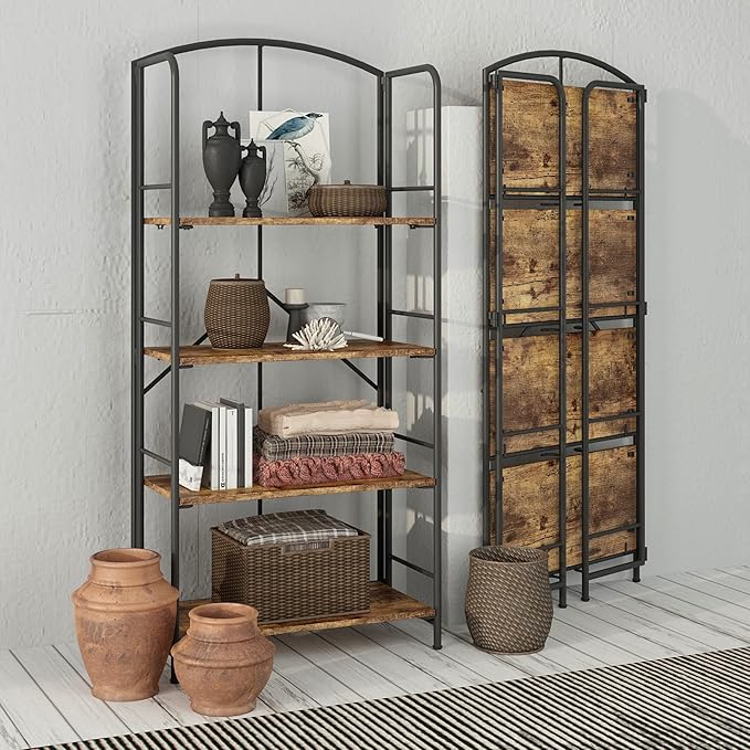 No Assembly Folding Bookshelf, Metal Book Shelf for Storage, Folding Bookcase for Office Organization and Storage (Firestone, 4 Tiers)