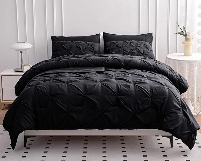 LANE LINEN California King Comforter Set, 7 Piece Cal King Bed in a Bag, Pintuck Cal King Bedding Set, Soft Cali King Bed Set, Cal King Bedding Comforter Sets with Sheets, Pillowcases & Shams - Black
