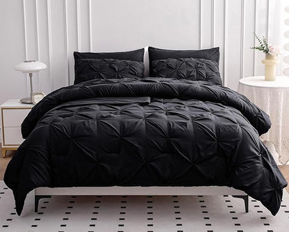 LANE LINEN Queen Comforter Set, 7 Piece Queen Bed Set, Soft Bedding Queen Size, Pintuck Queen Bed in a Bag Set, Black Comforter Queen, Queen Bed Comforter Set with Sheets, Pillowcases & Shams - Black
