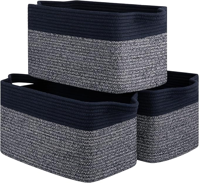 Storage Basket for Organizing, Woven Baskets for Storage, Rectangle Decorative Baskets for Shleves, Closet, Toys, Books, Nursery Organizer Bins - Pack of 3 (Blue & Black)