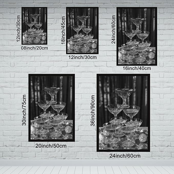 UXCBIA Stacked Champagne Glasses With Mirror Balls, Black And White, Wine Glasses Poster Canvas Poster Bedroom Decor Sports Landscape Office Room Decor Gift Black Frame 16x24in(40x60cm)