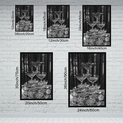 UXCBIA Stacked Champagne Glasses With Mirror Balls, Black And White, Wine Glasses Poster Canvas Poster Bedroom Decor Sports Landscape Office Room Decor Gift Black Frame 16x24in(40x60cm)