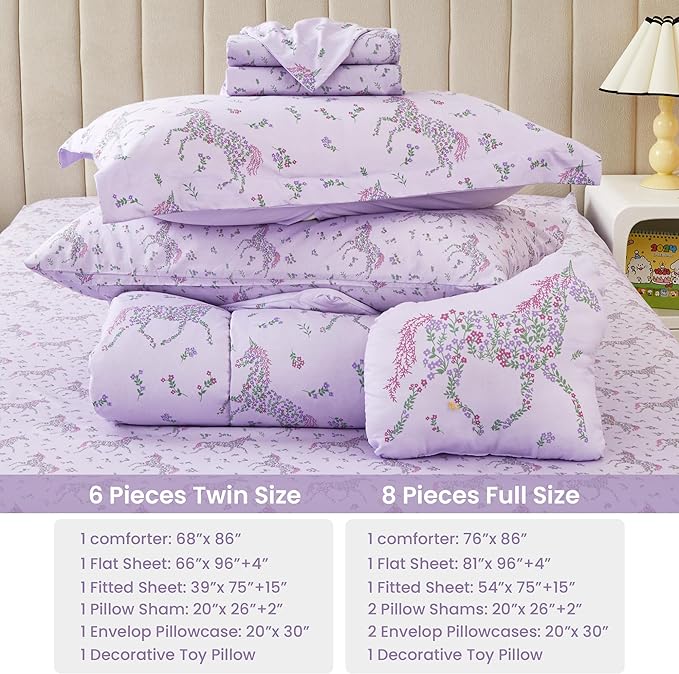 Mooreeke Full Size Comforter Sets for Girls Kids, 8 Pieces Bed in a Bag Purple Floral Unicorn Bedding Comforter Sheet Set with Shams and Decorative Toy Pillow, Ultral Soft Microfiber Kids Bed Set