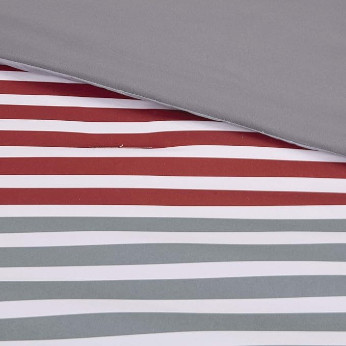 Comfort Spaces Comforter Sets with Sheets - Bed in a Bag 9 Pieces Teen Bedding Sets , Red and Grey Stripes Bedding Full, College Full Bed Set with 2 Side Pockets Bedroom Organizer