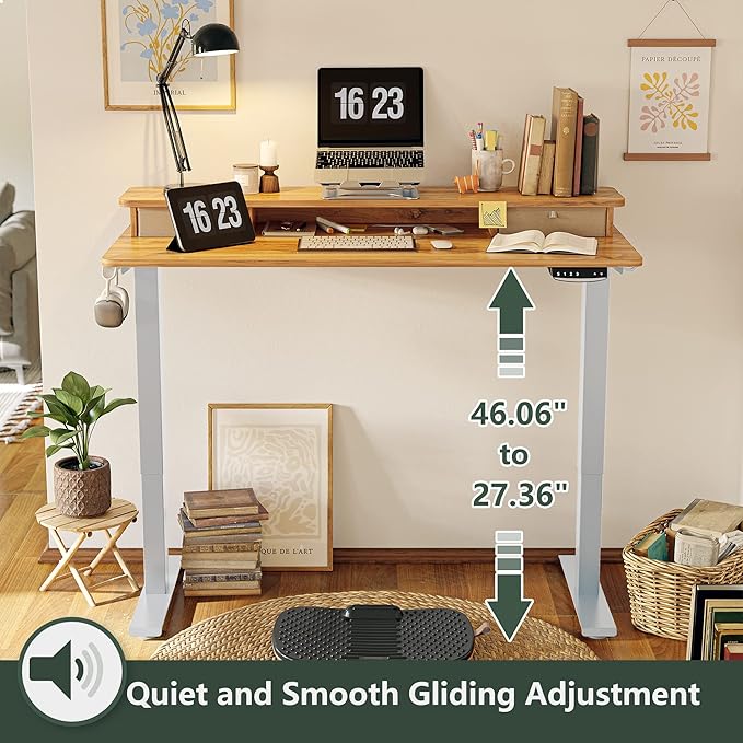 FEZIBO 40 x 24 Inch Height Adjustable Electric Standing Desk with Double Drawer, Stand Up Desk with Storage Shelf, Sit Stand Desk, Light Rustic