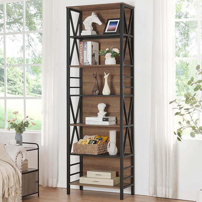 HOMISSUE Bookshelf, 7-Tier Bookshelf, Rustic Wood Metal Bookshelves and Bookcases, Freestanding Open Bookshelf, Industrial Tall Bookcase for Home Office, Living Room and Bedroom, Vintage Brown