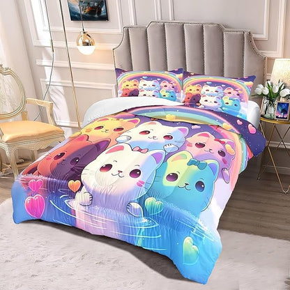 Rainbow Cat Comforter Queen Size - Rainbow Cat Bedding for Girls Room Cute Cartoon Rainbow Bedding Queen Comforter Sets for Kids, 1 Comforter+2 Pillowcases