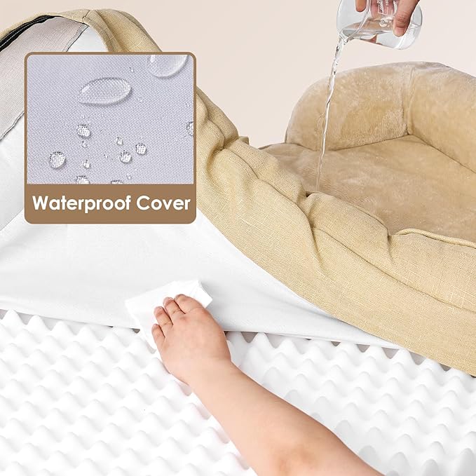 EHEYCIGA Orthopedic Dog Beds for Large Dogs, Waterproof Memory Foam Large Dog Bed with Sides, Non-Slip Bottom and Egg-Crate Foam Large Dog Couch Bed with Washable Removable Cover, Greige