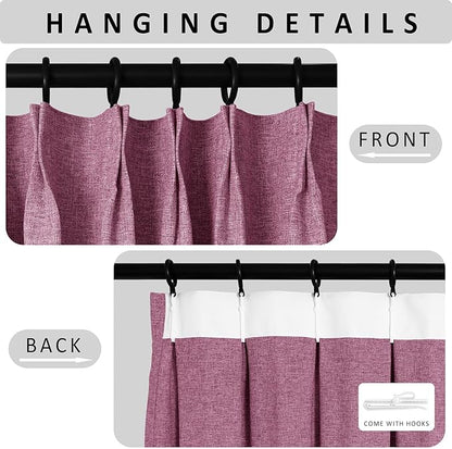 Macochico 100”Wx96”L Pinch Pleated 100% Blackout Linen Curtains Thermal Sliding Curtains for Bedroom Living Room Sliding Glass Door Farmhouse Shabby Chic Lilac Drapery with Tieback 1 Panel