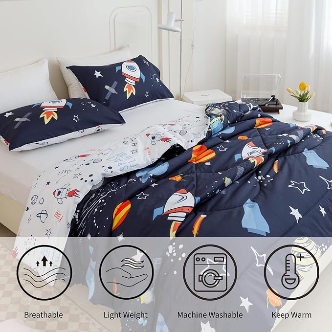 RYNGHIPY Kids Comforter Set Full Size, Cute Space Rocket Bedding Set for Boys Girls, Space Themed Teen Boy Bedding (Space Rocket,Full)