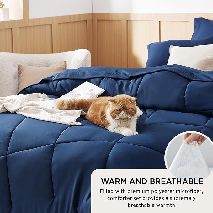 Bedsure Navy Bedding Sets Queen - 7 Pieces Solid Queen Bed in a Bag, Queen Bed Set Navy with Quilted Warm Fluffy Comforters, Sheets, Pillowcases & Shams