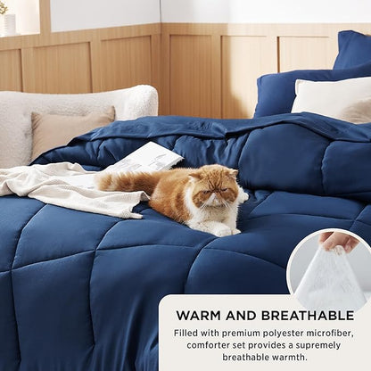 Bedsure Navy King Comforter Set - 7 Pieces Solid King Bed in a Bag, King Bed Set Navy with Quilted Warm Fluffy Comforters, Sheets, Pillowcases & Shams