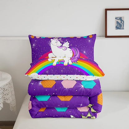 Kids Unicorn Comforter Set Queen Cartoon Rainbow Bedding Set for Girls Children Purple Cute Unicorn Glitter Down Comforter Kawaii Galaxy Stars Fantasy Geometric Room Decor Bedding Comforters & Sets