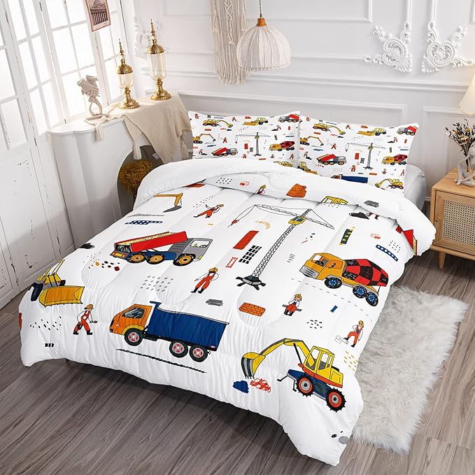 CVHOUSE Tractor Bedding Sets for Boys,Excavators Comforter Full,Boys Cartoon Truck Comforter Set,Trucks Tractors Cars Quilt Set with 1 Comforter and 2 Pillow Cases- 3 Piece