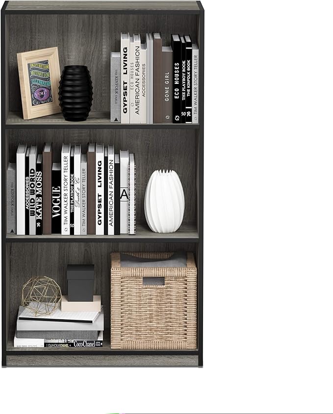 FURINNO Basic 3-Tier Bookcase Storage Shelves, French Oak Grey/Black