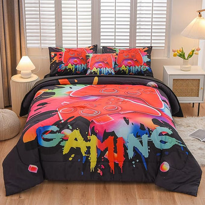Aimuan Gaming Comforter Sets for Boys Kids Bedding Sets Video Games Console Action Buttons Novelty Colorful Game Gamepad Controller Modern Gamer Room Decor Home Quilt Set (Queen 6 Pcs,Black)