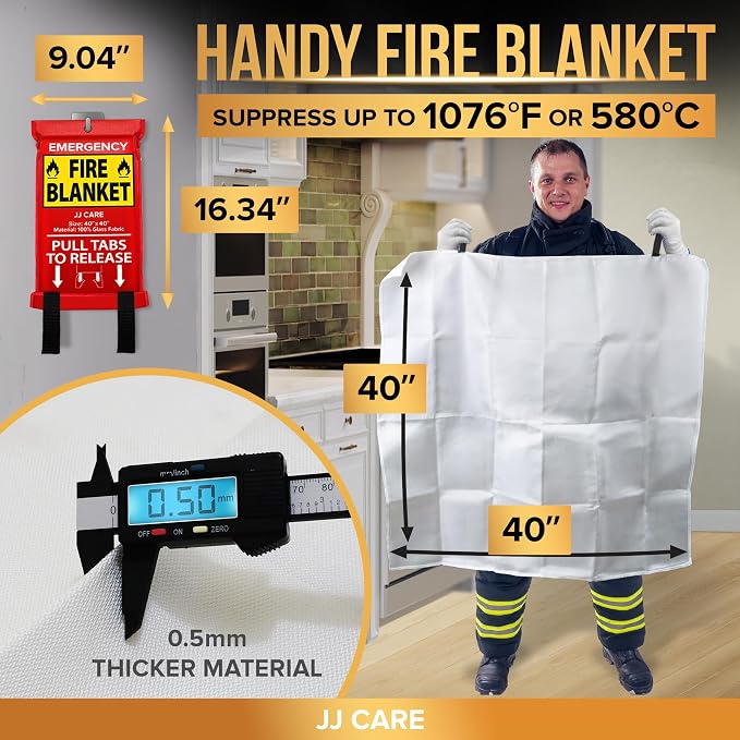 JJ CARE Fire Blanket – 3 Packs with Hooks and Gloves – 40” x 40” Fire Blankets Emergency for Home and Kitchen, High Heat Resistant and Flame Protection for Kitchen, Car, Office, Camping & Home Safety