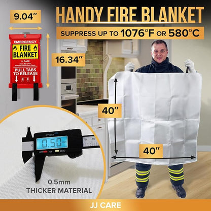 JJ CARE Fire Blanket – 3 Packs with Hooks and Gloves – 40” x 40” Fire Blankets Emergency for Home and Kitchen, High Heat Resistant and Flame Protection for Kitchen, Car, Office, Camping & Home Safety