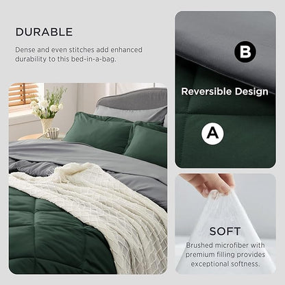 Bedsure Forest Green Queen Comforter Set - 7 Pieces Reversible Queen Bed in a Bag, Queen Bed Set Forest Green and Grey with Comforters, Sheets, Pillowcases & Shams
